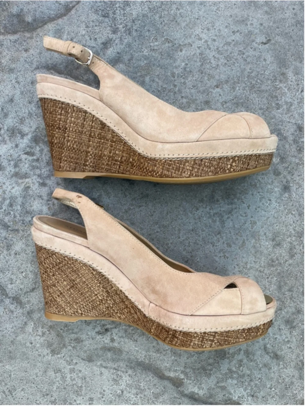 Stuart Weitzman Nude Suede Raffia Wedge Sandals Peep-Toe Slingback Beige - Picture 3 of 8